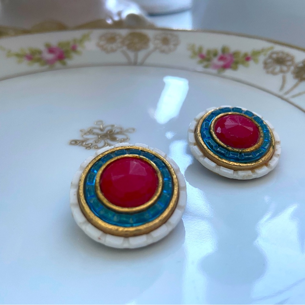 Vintage Costume Clip-On Earrings Statement Red, Blue, White and Gold